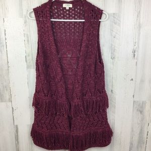 Umgee Shaggy Fringe Open Front Vest Women's Size M Knit Sweater Cardigan